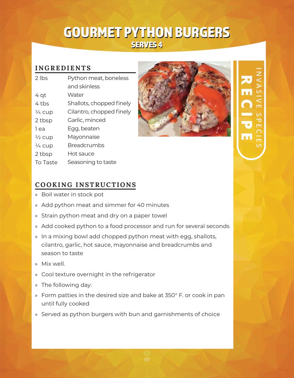 Original recipe page: GOURMET PYTHON BURGERS